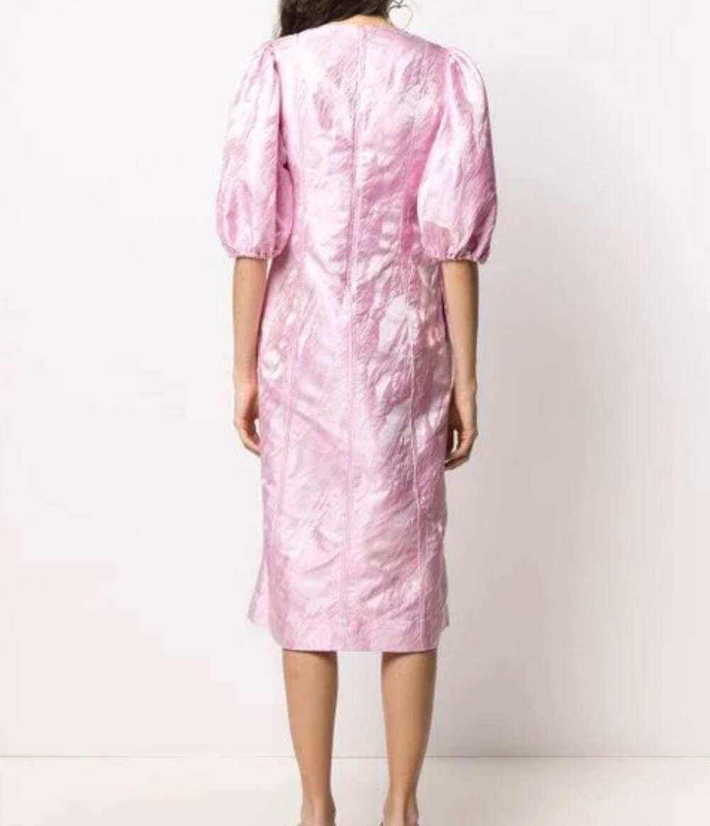 Ganni Pink Metallic Jacquard Puff Sleeve V-Neck Midi Dress - Picture 2 of 4